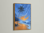 Tropical beach artwork displaying a palm tree at sunset. It is framed in an elegant gold frame. Admire the ocean waves in this coastal wall art. This print brings a touch of luxury. Ideal for creating a stylish and inviting atmosphere.