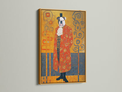 The Victorian Bulldog art print is presented in a gold frame. The Klimt style dog portrait adds a luxurious touch with ornate animal art. This is perfect for a study room seeking gilded accents. The gold frame enhances this vintage dog print. It creates an elegant regal display.