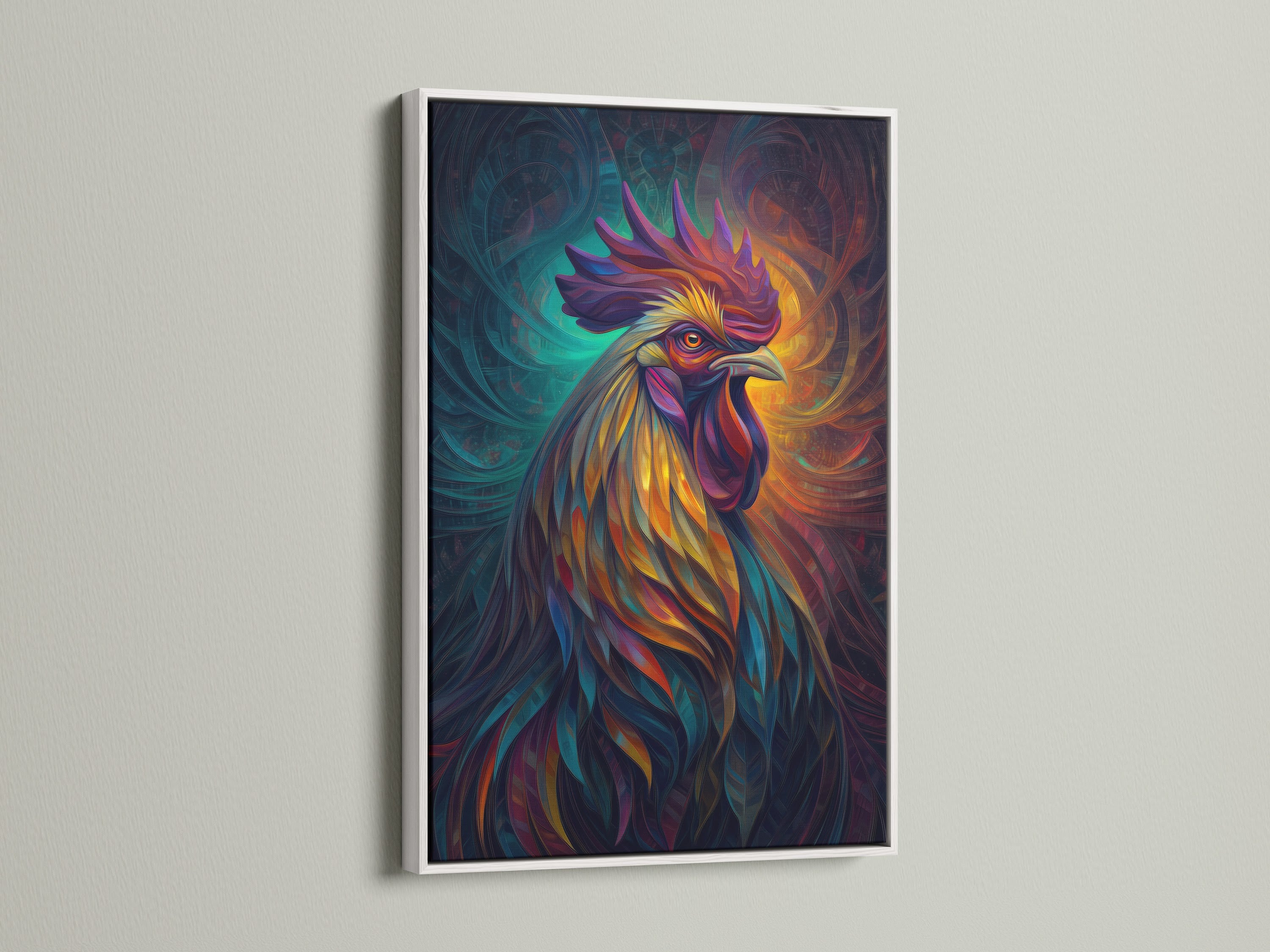 Rooster art presented in a white frame. This psychedelic art piece brings a pop of color. The rooster canvas art is perfect for farmhouse decor. A vibrant animal artwork to brighten any dining room.