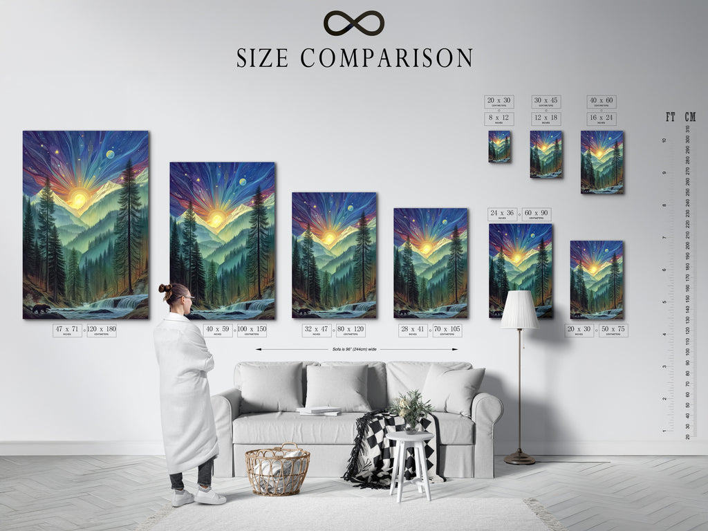 A size comparison chart in an interior setting. Visualize how the mountain sunrise artwork fits your space. Choose the perfect size for your mystical forest print. Transform your home.