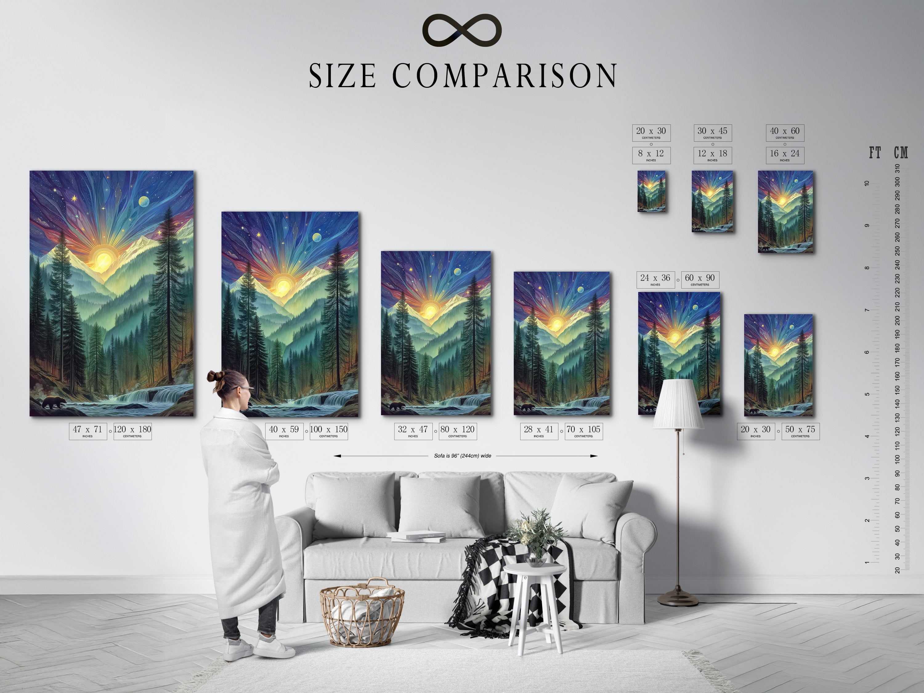 A size comparison chart in an interior setting. Visualize how the mountain sunrise artwork fits your space. Choose the perfect size for your mystical forest print. Transform your home.