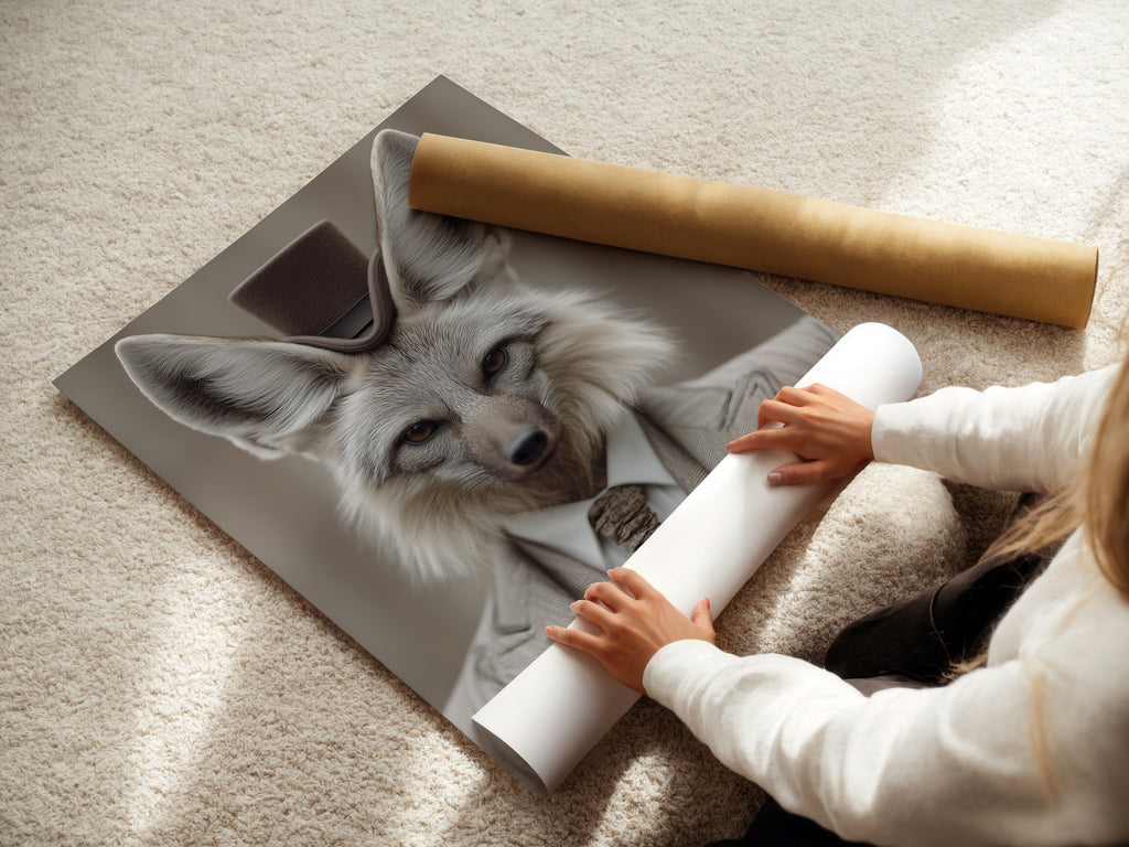A woman is carefully rolling a fine art poster paper featuring the Fox Gentleman art. This dapper animal print is perfect for adding a touch of Victorian style to any study room. It is ideal for professionals academics and those with a fondness for unique vintage-inspired decor. Perfect for adding character to studies libraries or offices.