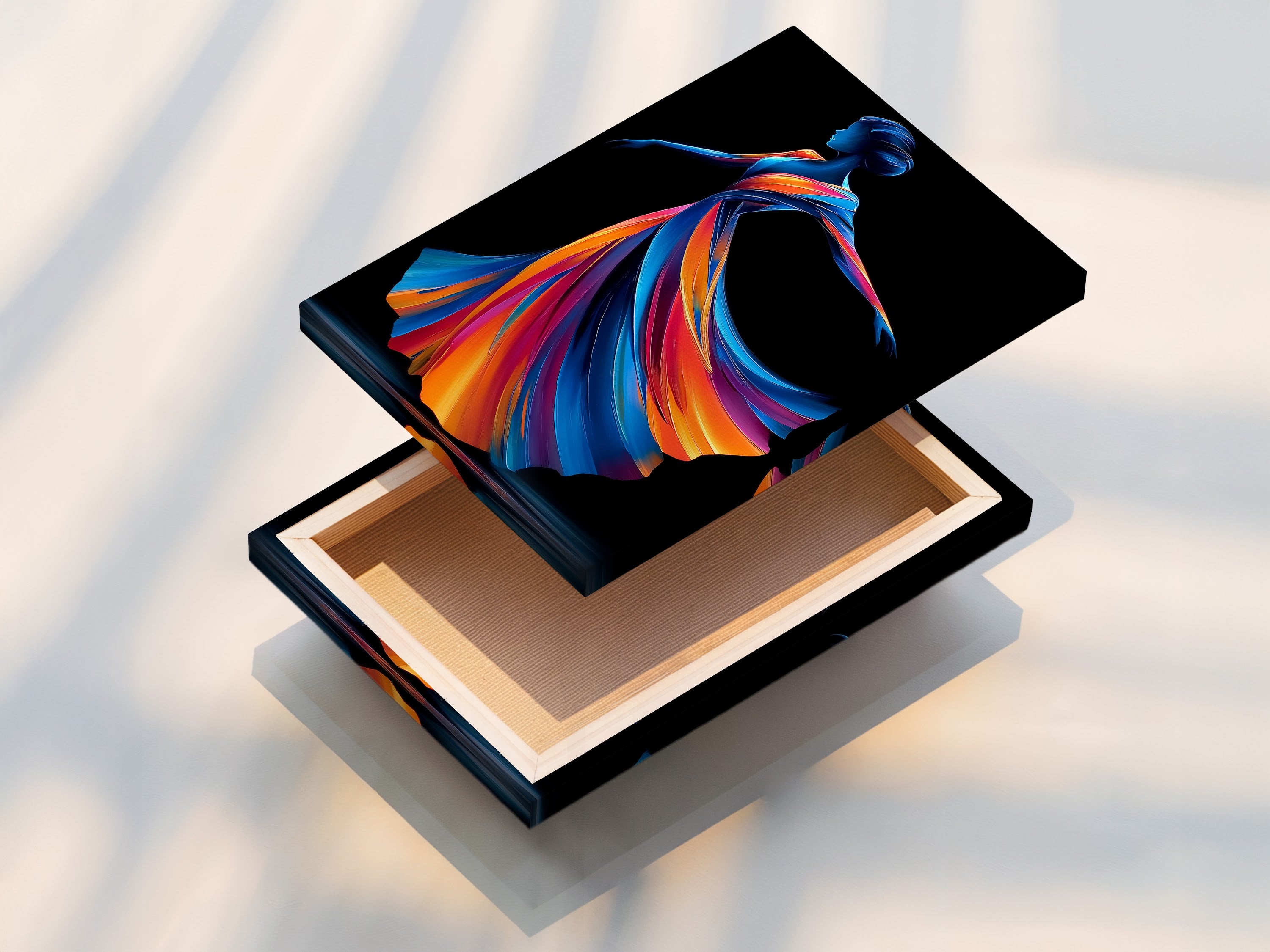 A stretched canvas print of the Dancing Woman artwork is displayed. The canvas enhances the colors and details. This modern canvas print is perfect for home decor. It adds a touch of contemporary style. Explore abstract figure art.