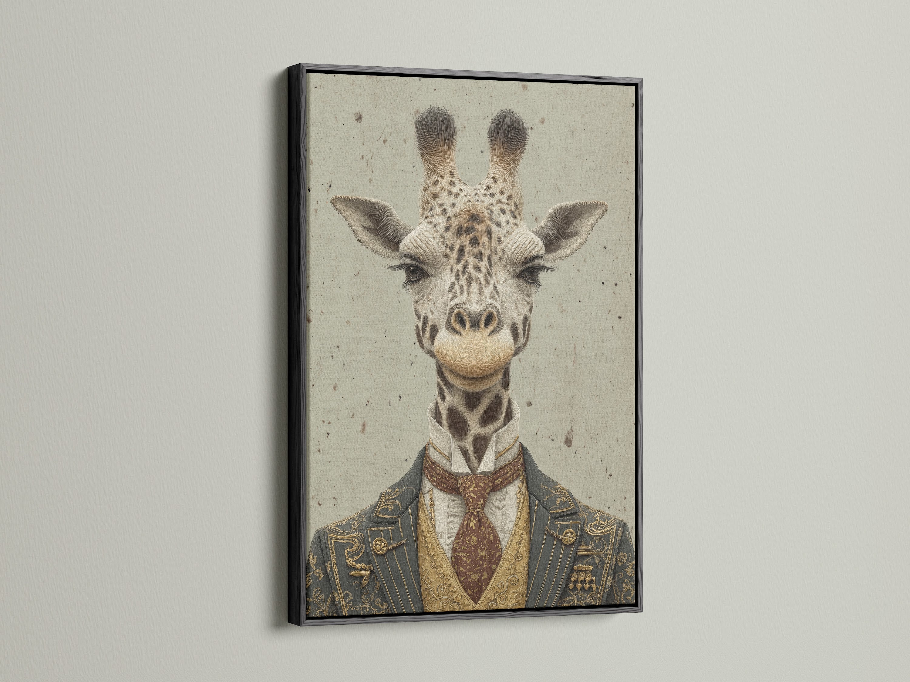 A black frame enhances this vintage gentleman giraffe portrait. This animal canvas art is a refined choice for waiting areas. The primary color is brown with gold accents. Elevate your space with this unique animal portrait art.