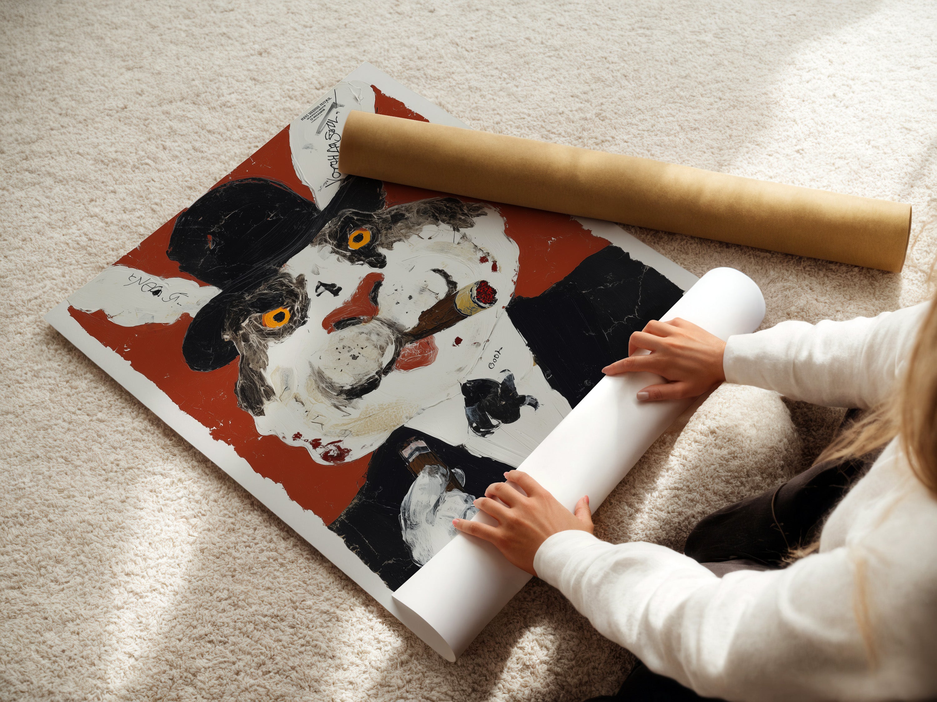 A woman is carefully rolling a fine art poster paper. The paper features a vintage cat portrait. It is surreal animal art. The whimsical gentleman cat is ready for framing. A perfect choice for unique wall art.
