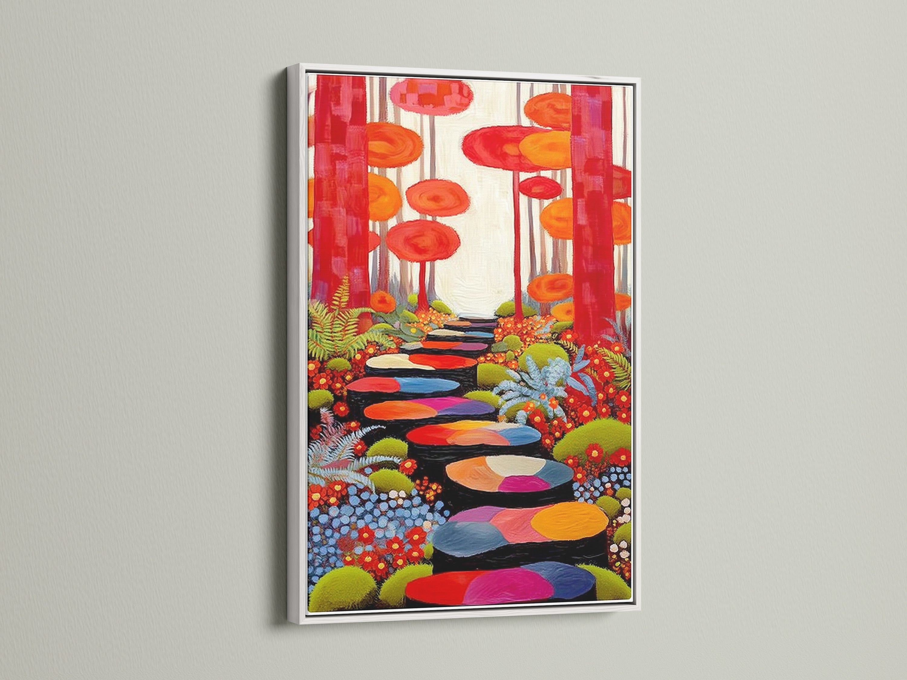 Enchanted Forest artwork with a white frame. This vibrant artwork is a stunning addition to any room. The white frame enhances the colorful trees. It offers a clean modern look. This nature print is ideal for boho chic styles. Transform your space with this magical forest art.