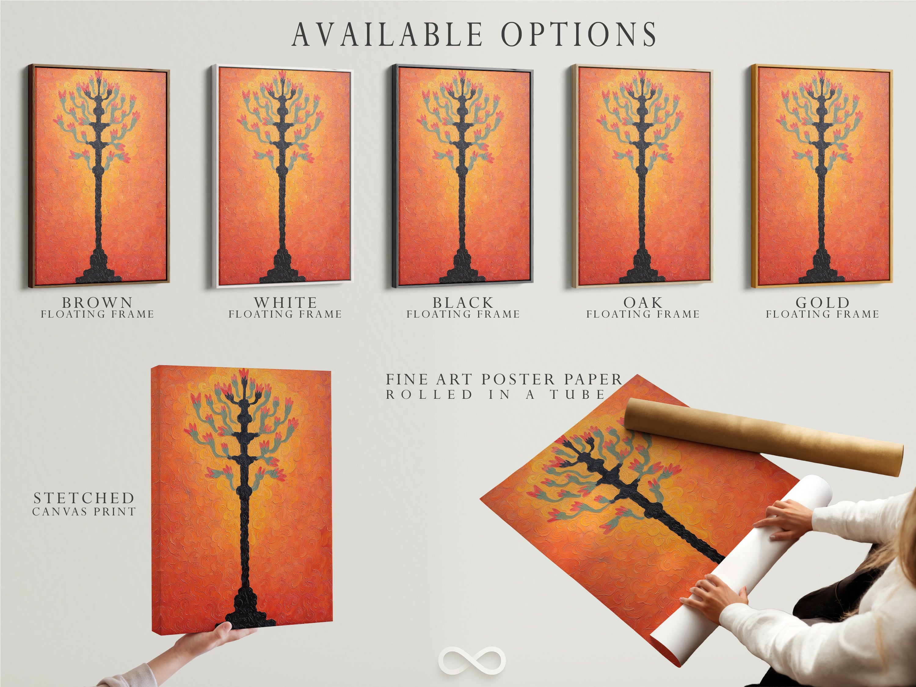 Explore available options for botanical tree artwork. Choose from stretched canvas prints fine art poster paper or a floating frame. The textured coral wall art background offers a modern touch. Personalize your art to fit your style.