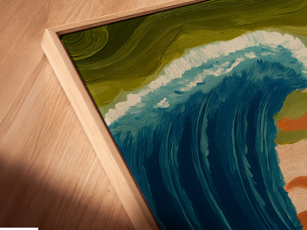 A close-up shows a canvas print in a floating frame. The Ocean Wave Art Biblical Moses Parting Sea piece adds religious coastal decor. Perfect for minimalist Scandinavian or eclectic spaces. Ideal for living rooms bedrooms or offices. The ocean wall decor is a great choice.