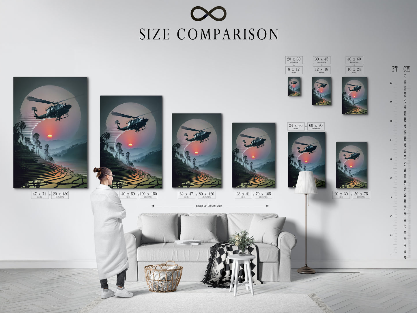 Size comparison chart of Vietnam War Era Wall Art in an interior setting. The helicopter artwork and sunset aviation poster options are displayed. Visualize the perfect fit for your space with this military aircraft print.
