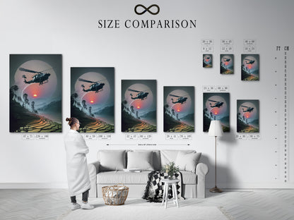 Size comparison chart of Vietnam War Era Wall Art in an interior setting. The helicopter artwork and sunset aviation poster options are displayed. Visualize the perfect fit for your space with this military aircraft print.
