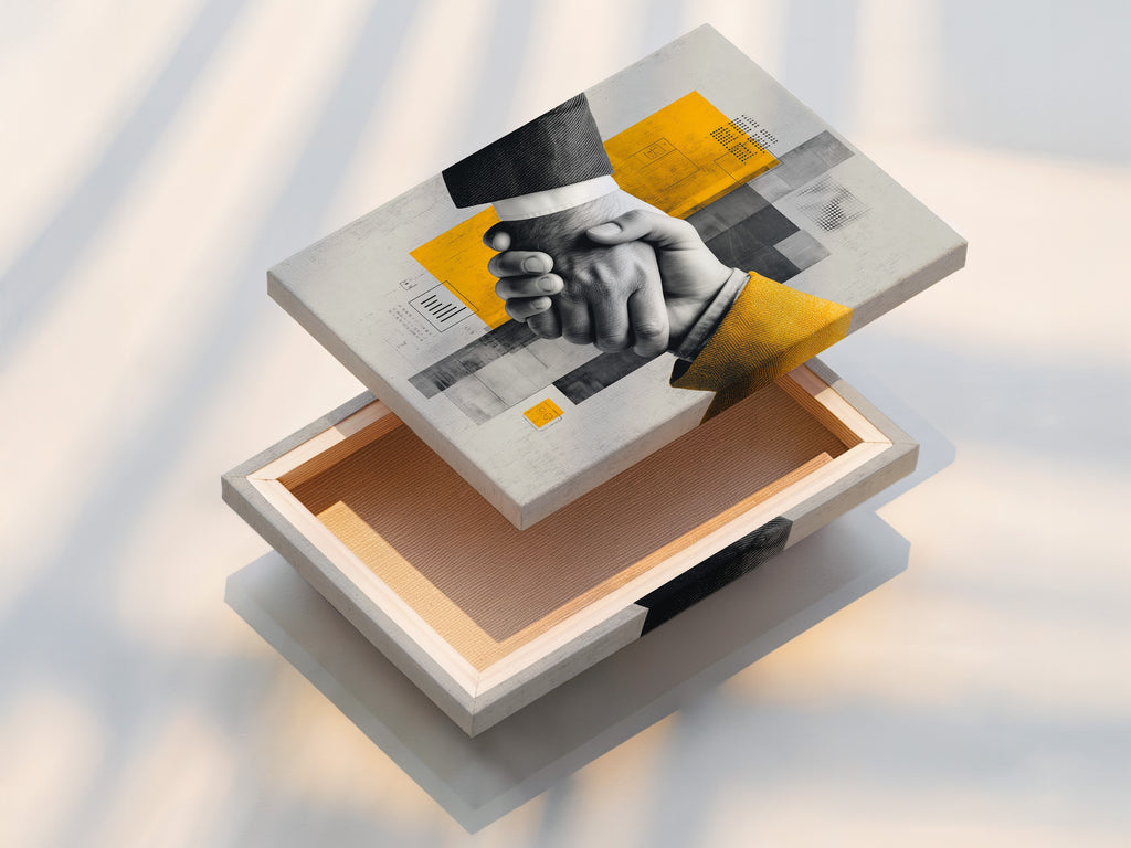 Stretched canvas print of the Business Handshake Art Print. This modern corporate artwork is ready to hang. It features a yellow abstract design. The stretched canvas provides a clean and contemporary look. It is ideal for office decor.