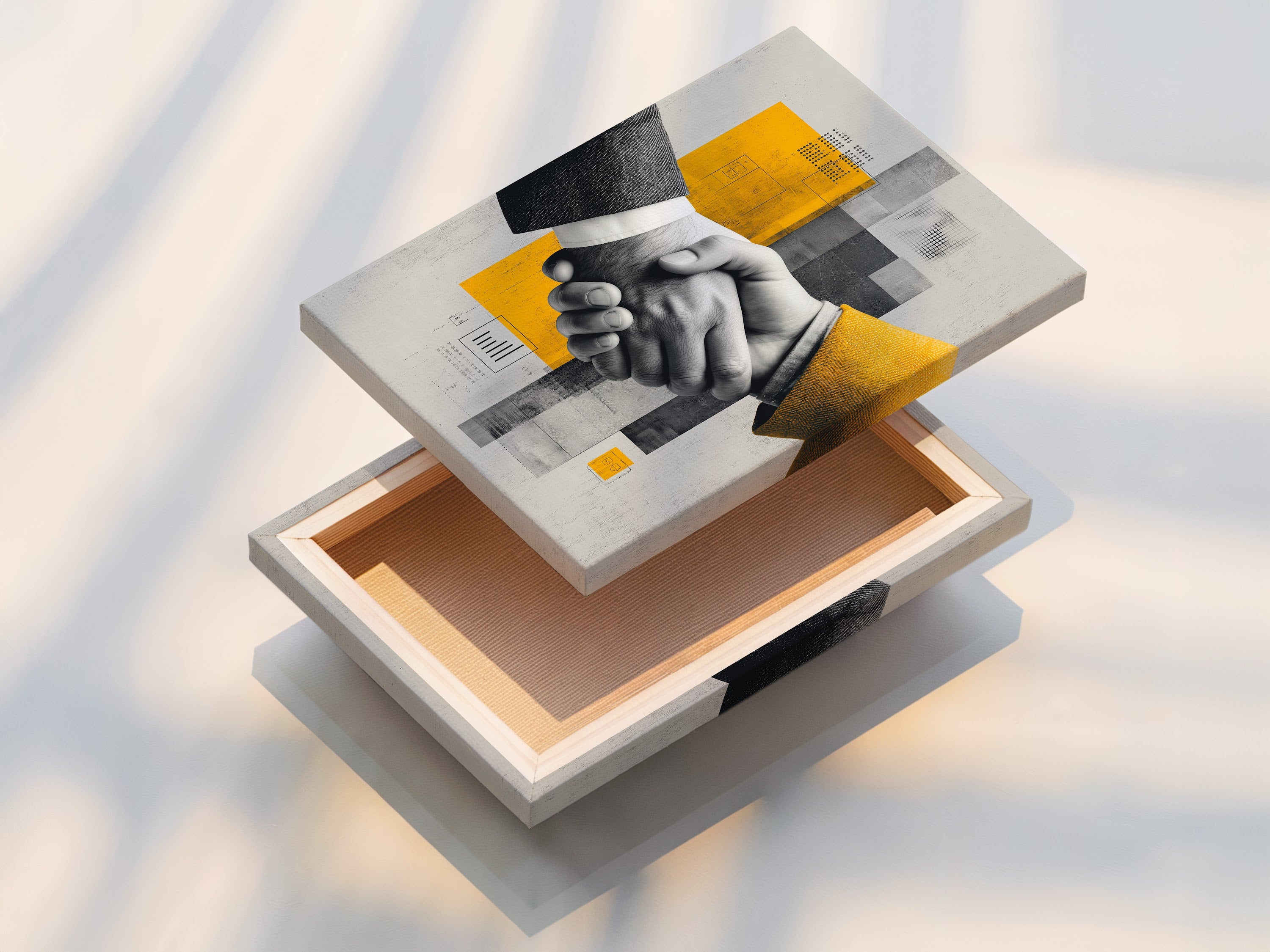 Stretched canvas print of the Business Handshake Art Print. This modern corporate artwork is ready to hang. It features a yellow abstract design. The stretched canvas provides a clean and contemporary look. It is ideal for office decor.