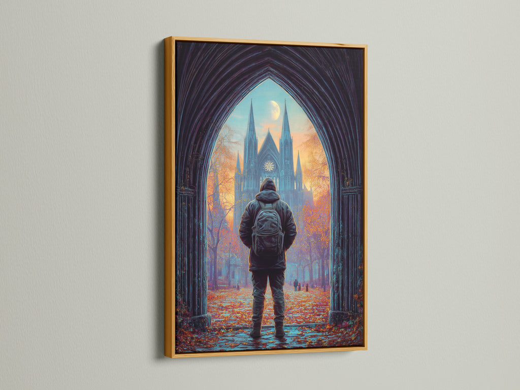 Discover artwork framed in gold. This cathedral print is luxuriously displayed. The gold frame adds a touch of elegance and sophistication. Perfect for enhancing your home decor with gothic wall art. Elevate your space with this stunning architecture art piece. Embrace the beauty of a moody autumn landscape.