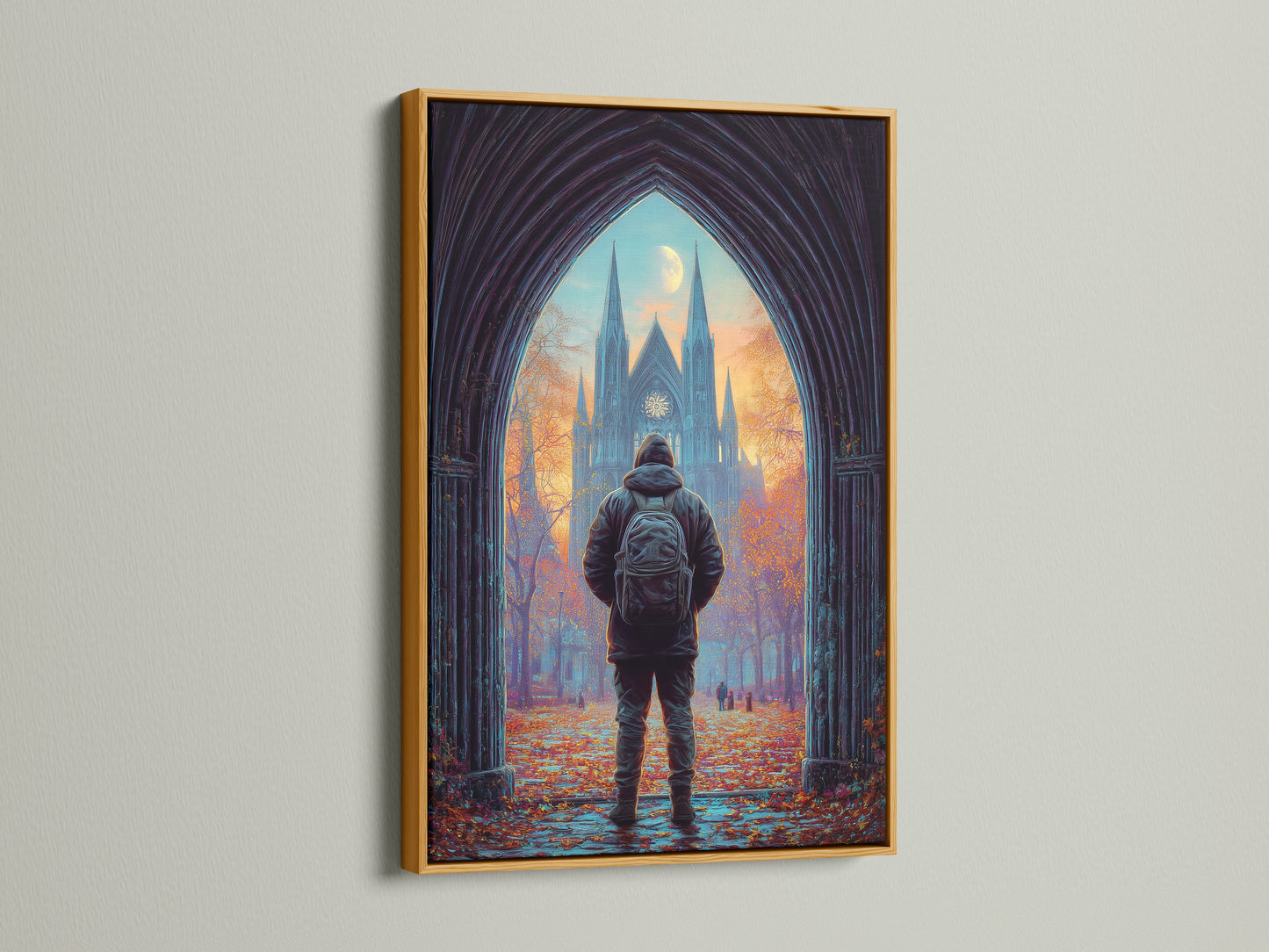 Discover artwork framed in gold. This cathedral print is luxuriously displayed. The gold frame adds a touch of elegance and sophistication. Perfect for enhancing your home decor with gothic wall art. Elevate your space with this stunning architecture art piece. Embrace the beauty of a moody autumn landscape.