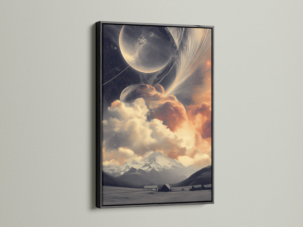 A celestial landscape artwork is displayed in a black frame. The artwork features cosmic mountains and dreamy space elements. It provides a neutral beige tone. Shop now for elevated Wall Art.