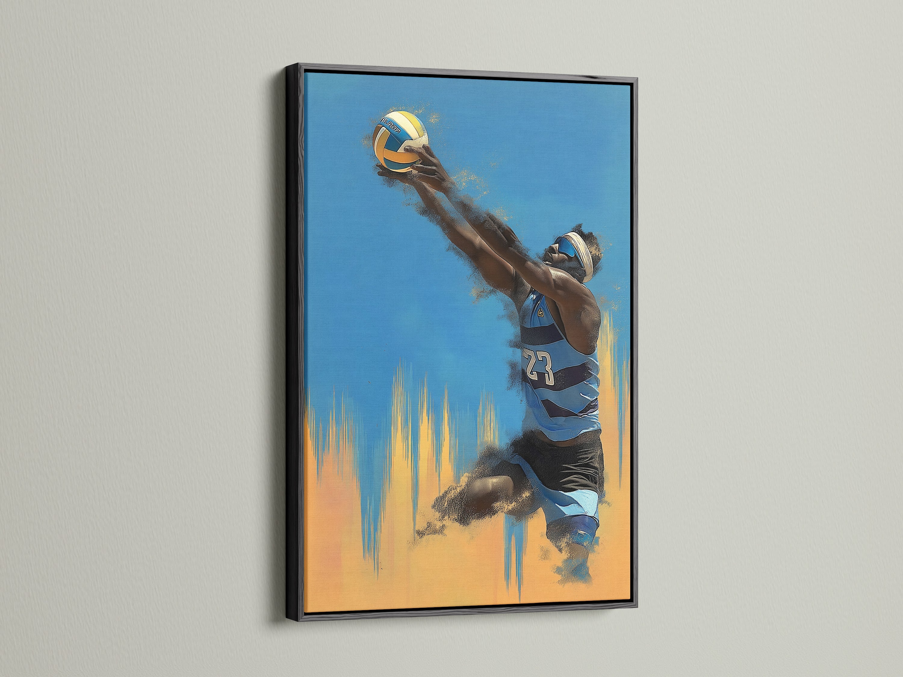 Volleyball Player Artwork showcased in a black frame. This sports canvas creates a bold statement. Perfect for sports-themed offices or fitness centers. The black frame provides a sleek contrast.