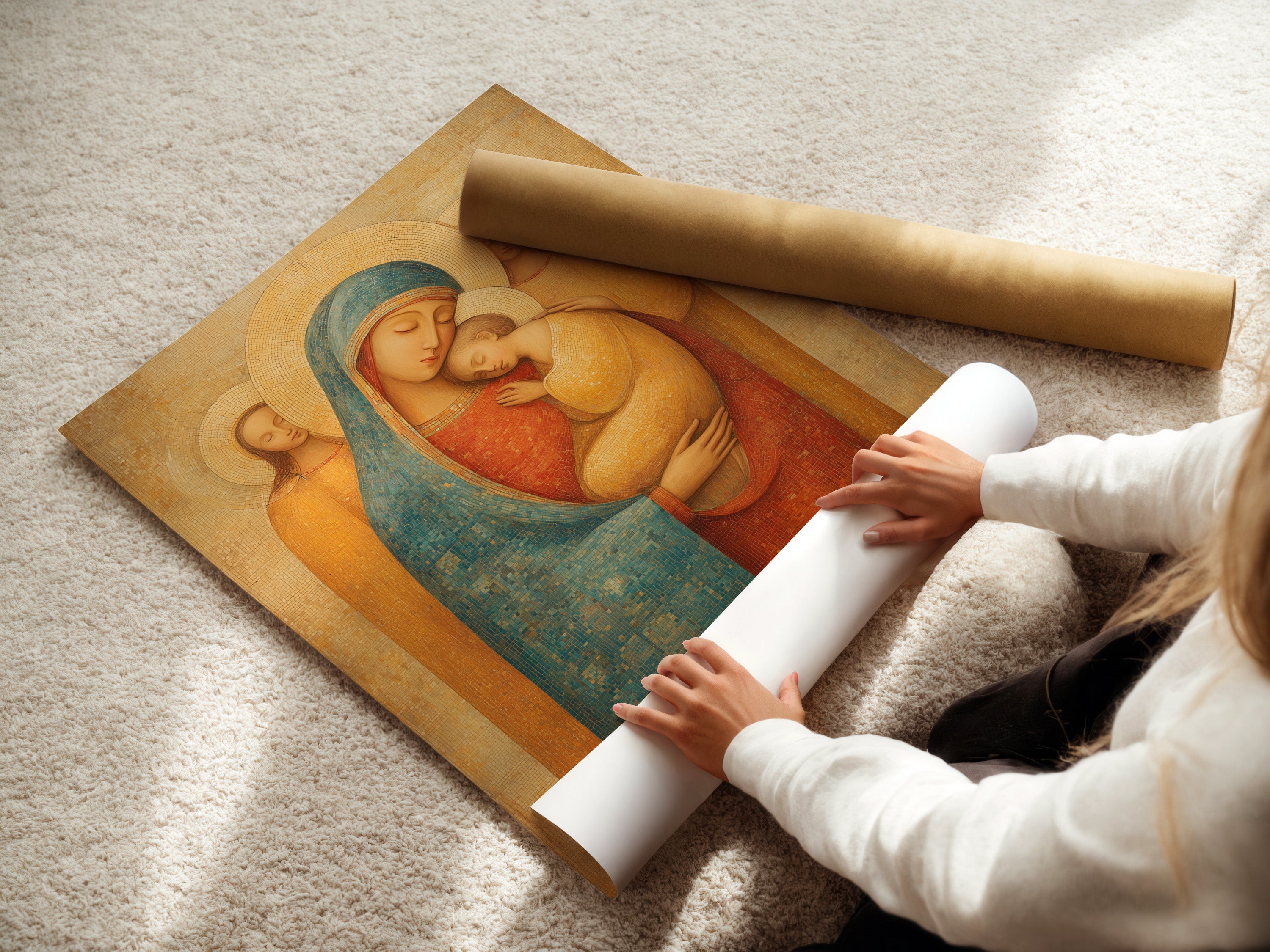 A woman is carefully rolling a fine art poster paper. The poster paper is high-quality and archival. She ensures it's smooth and protected. Ready for framing or display. The attention to detail is impeccable. Experience the care in handling fine art.