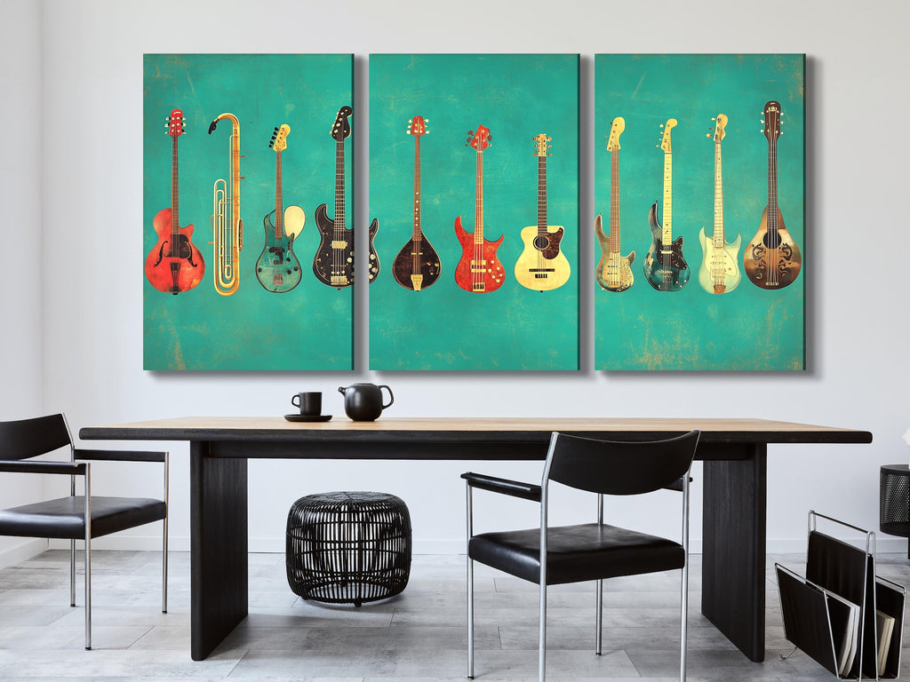 Gitaar wanddecoratie, muziekinstrumenten canvas print, gitaarcollectie kunstprint, cadeau voor muzikant, gitaarstudio decoratie, muziekkamer wanddecoratie