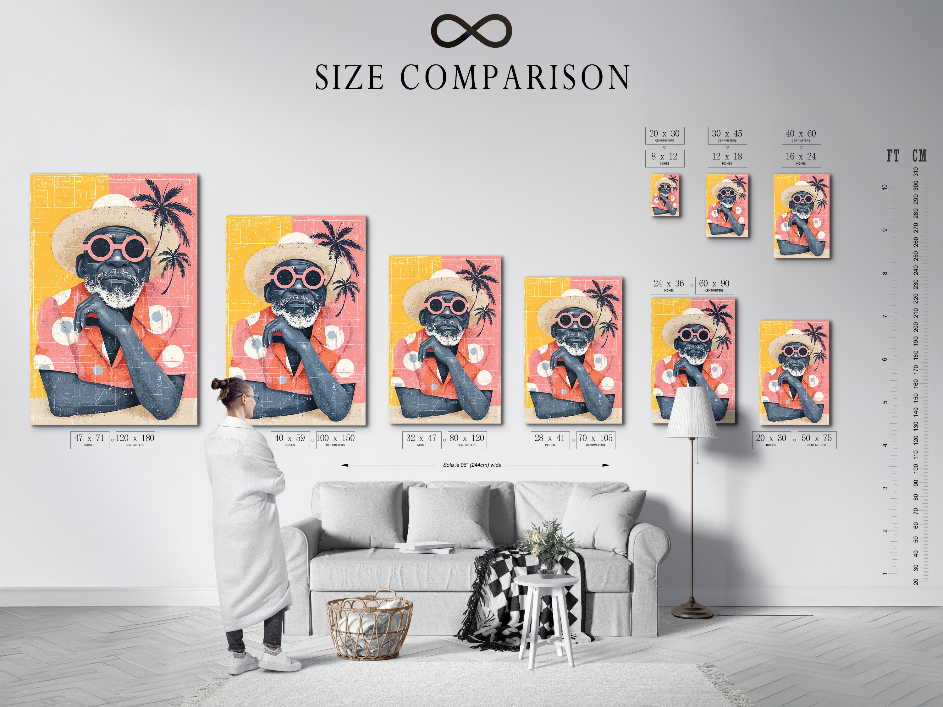 Size comparison chart of the retro beach man art print in an interior setting. See how this tropical wall art fits in your space. Available in various sizes to suit your decor needs. This vintage summer artwork enhances living rooms bedrooms and offices. Choose the perfect size for your style.