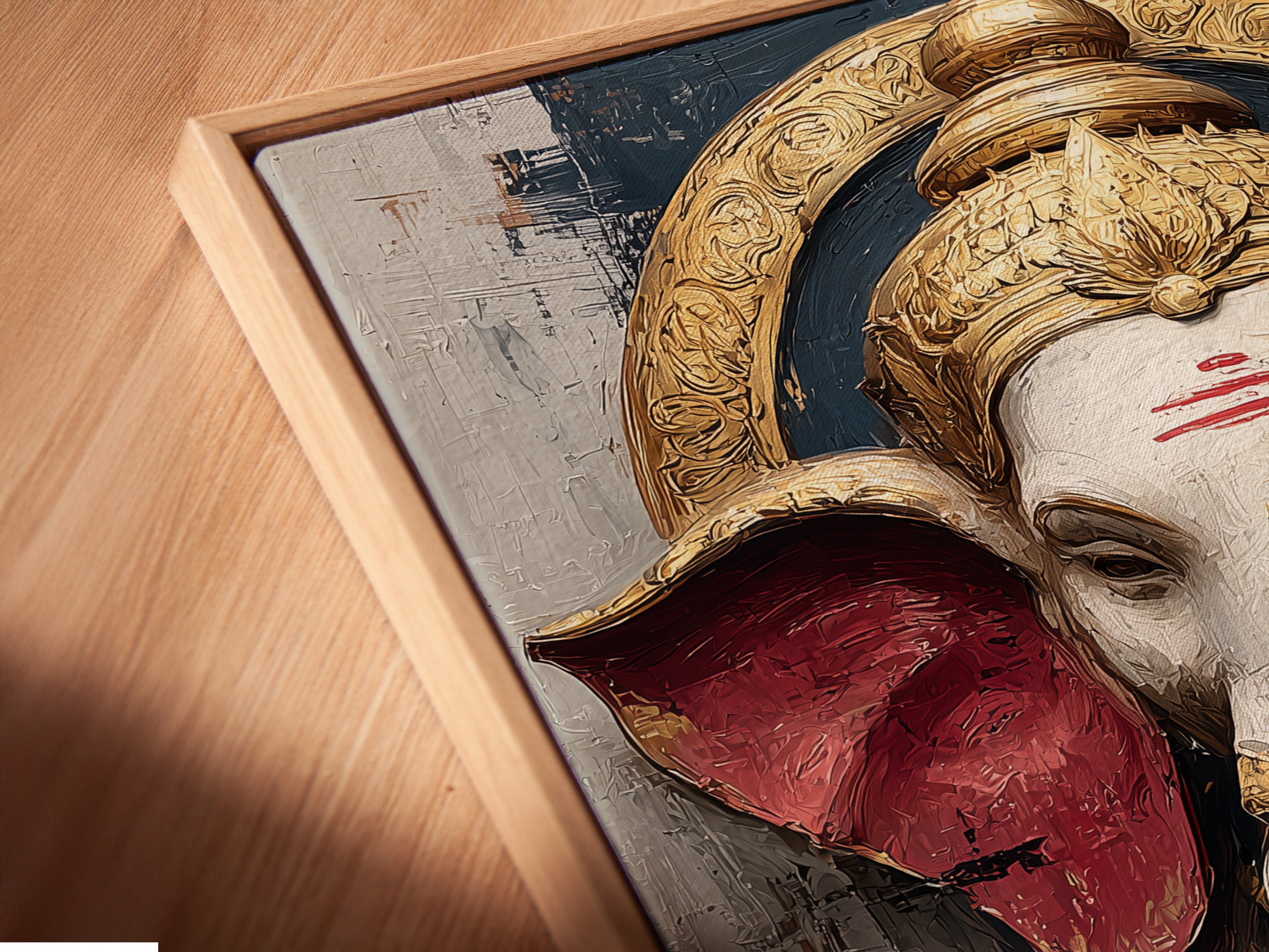 A close-up shows a Ganesha canvas print in a floating frame. The Hindu Elephant God is captured in this spiritual artwork. It is ideal bohemian decor for meditation rooms. It is also great for yoga studios. The floating frame enhances the art.