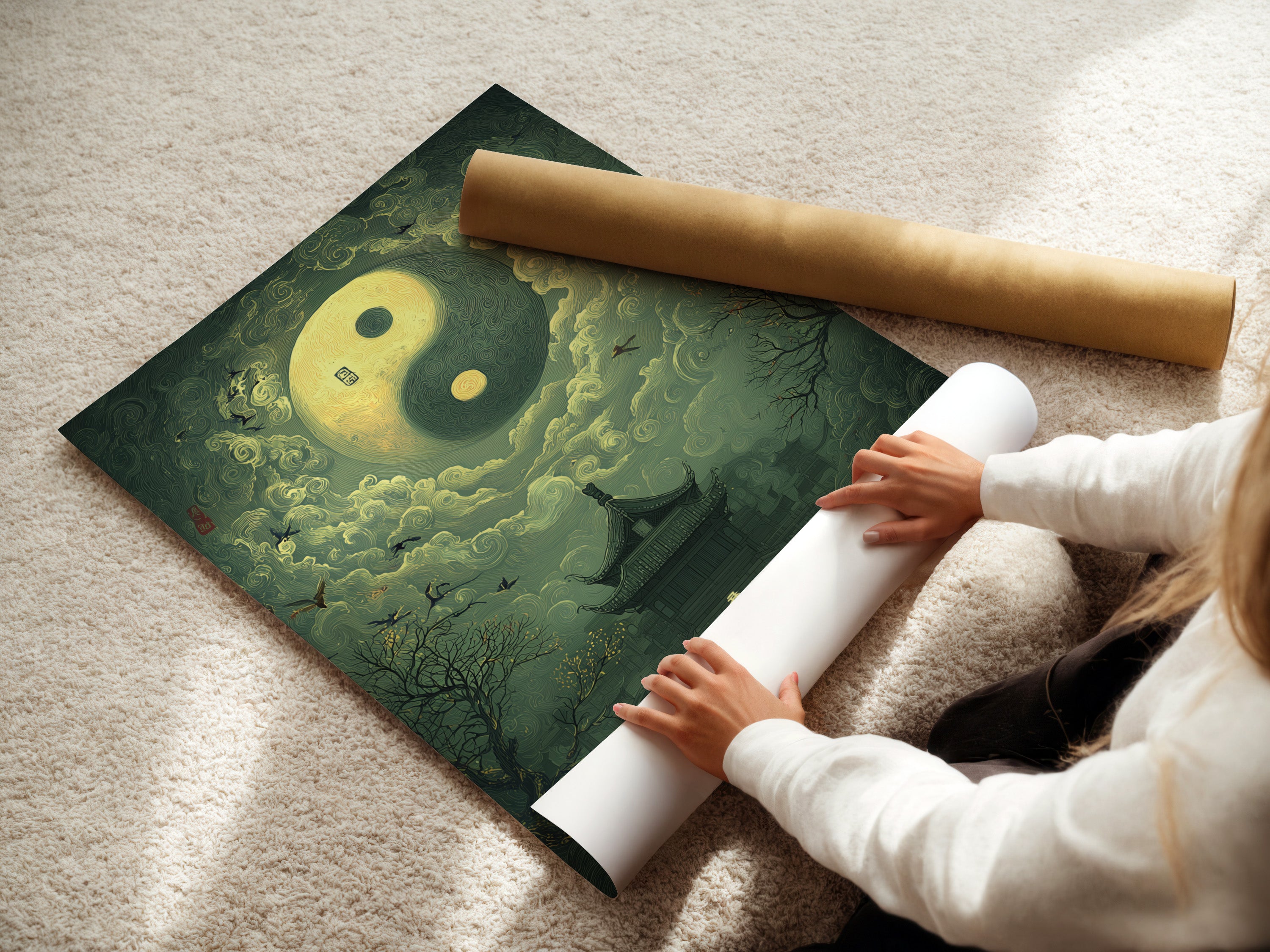 A woman is carefully rolling a fine art poster paper. The art poster paper is handled with care. Ensures protection during shipping and storage. High quality paper enhances the artwork. Preservation is key for long lasting beauty. Get your fine art poster paper today.