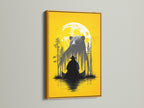 Framed Bear and Canoe artwork is displayed. The frame is a gold frame. It is a rustic nature wall art. It shows a bear and a canoe under a yellow moon. Ideal for cabin decor and adventure art lovers. The gold frame brings a touch of elegance and warmth. Transform your lodge with this stunning piece.