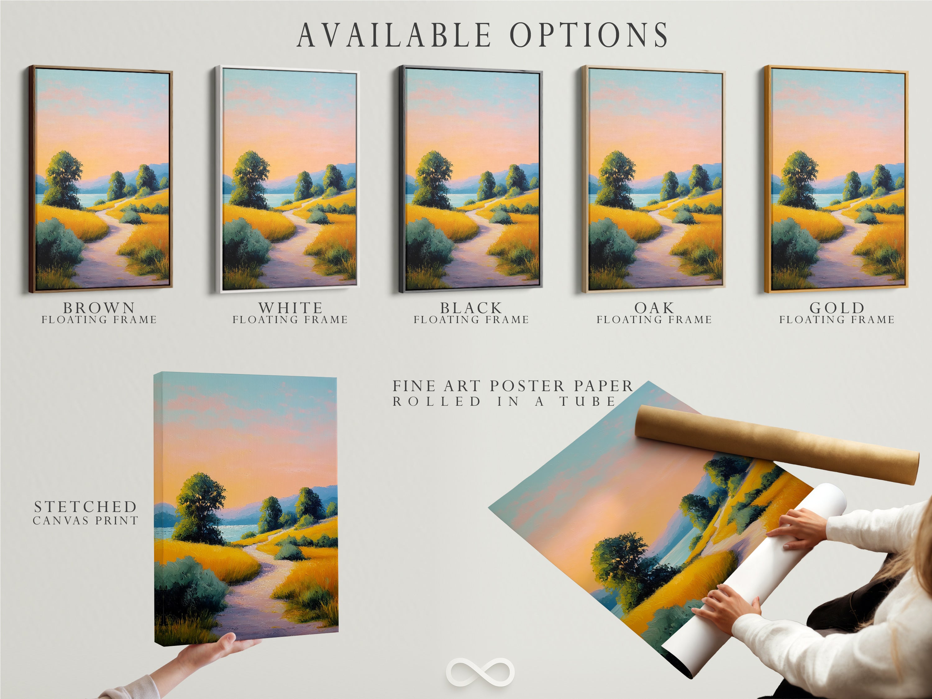 Available options for our sunset landscape artwork. Choose from stretched canvas prints fine art poster paper or a floating frame. The golden path print is perfect for any style. Customize your nature wall decor to match your taste. Create a peaceful atmosphere today.