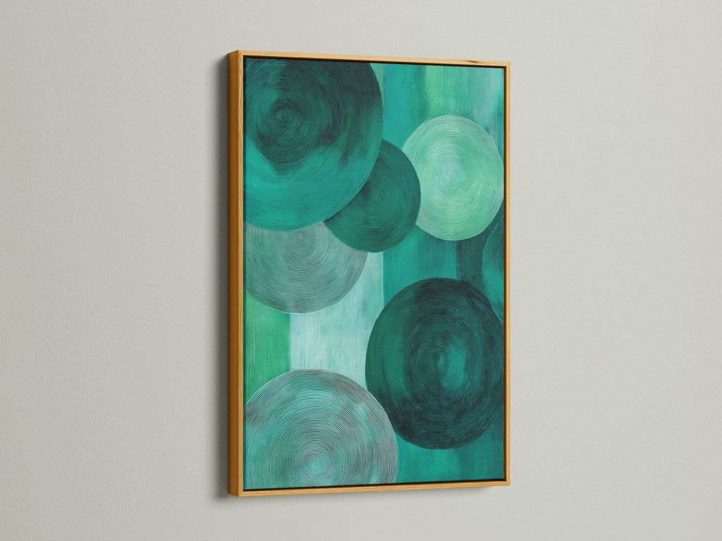 A gold frame accentuates emerald green abstract art. The modern geometric circle canvas print exudes contemporary charm. This artwork brings a luxurious feel to any wall. It's perfect for minimalist art enthusiasts.