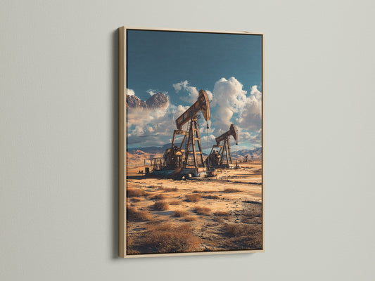 Oil Derrick Artwork displayed in an oak frame. This rustic canvas print features a desert landscape. Perfect industrial decor for a man cave or office. The artwork enhances steampunk and vintage themes.
