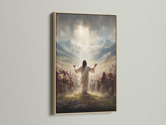 Discover our Jesus Christ canvas print in an oak frame. This christian canvas adds rustic style to any room. Ideal religious print for living rooms or church offices. Elevate your spiritual decor today.