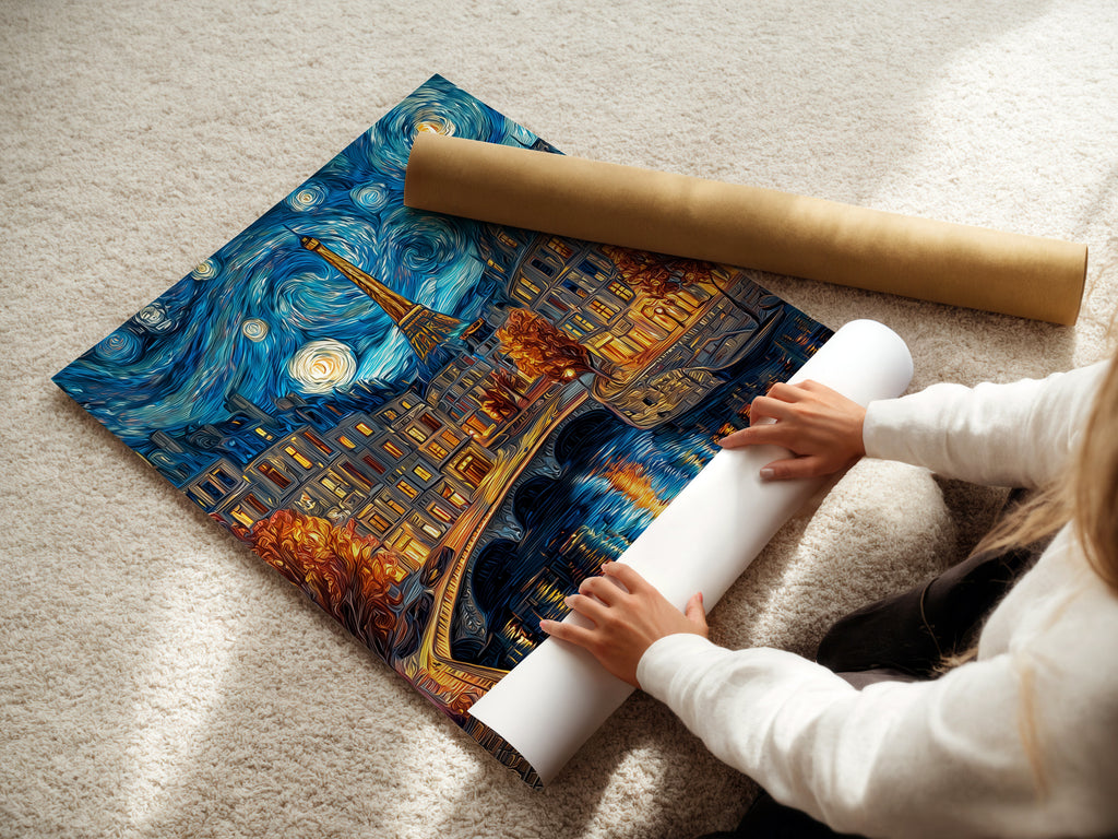 A woman is carefully rolling a fine art poster paper. The paper is high quality and will showcase your art beautifully. This fine art poster paper is perfect for printing your favorite images. Order your print today.