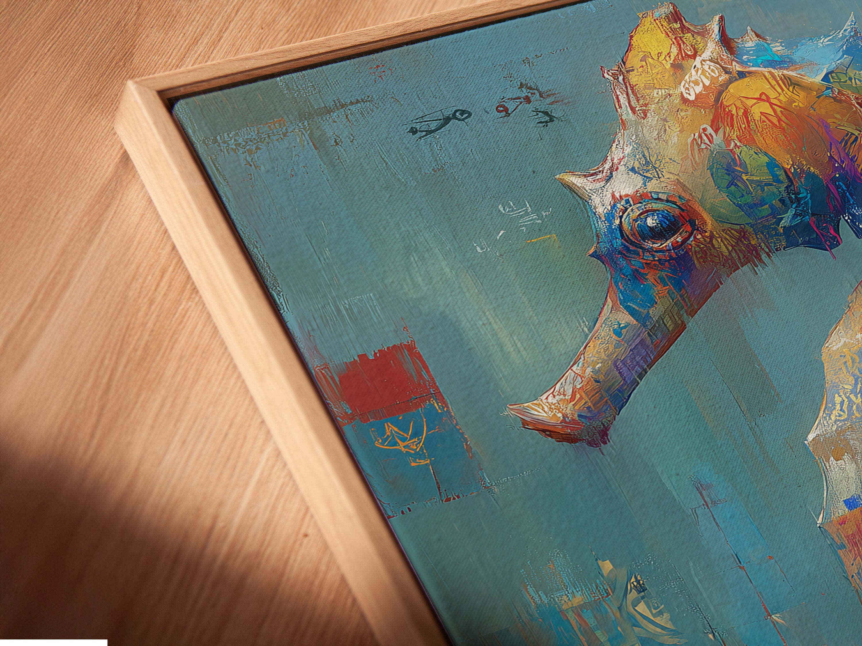 Angled close up of a seahorse abstract art canvas print in a floating frame. This marine art print is a contemporary piece for coastal wall decor. The colorful seahorse is a unique piece of sea life artwork.