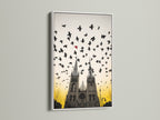 Gothic Cathedral artwork with birds in flight. A white frame accentuates this artwork. The artwork is ideal for gothic home decor. The cathedral print adds elegance to any space. Enhance your study room with gothic wall decor.