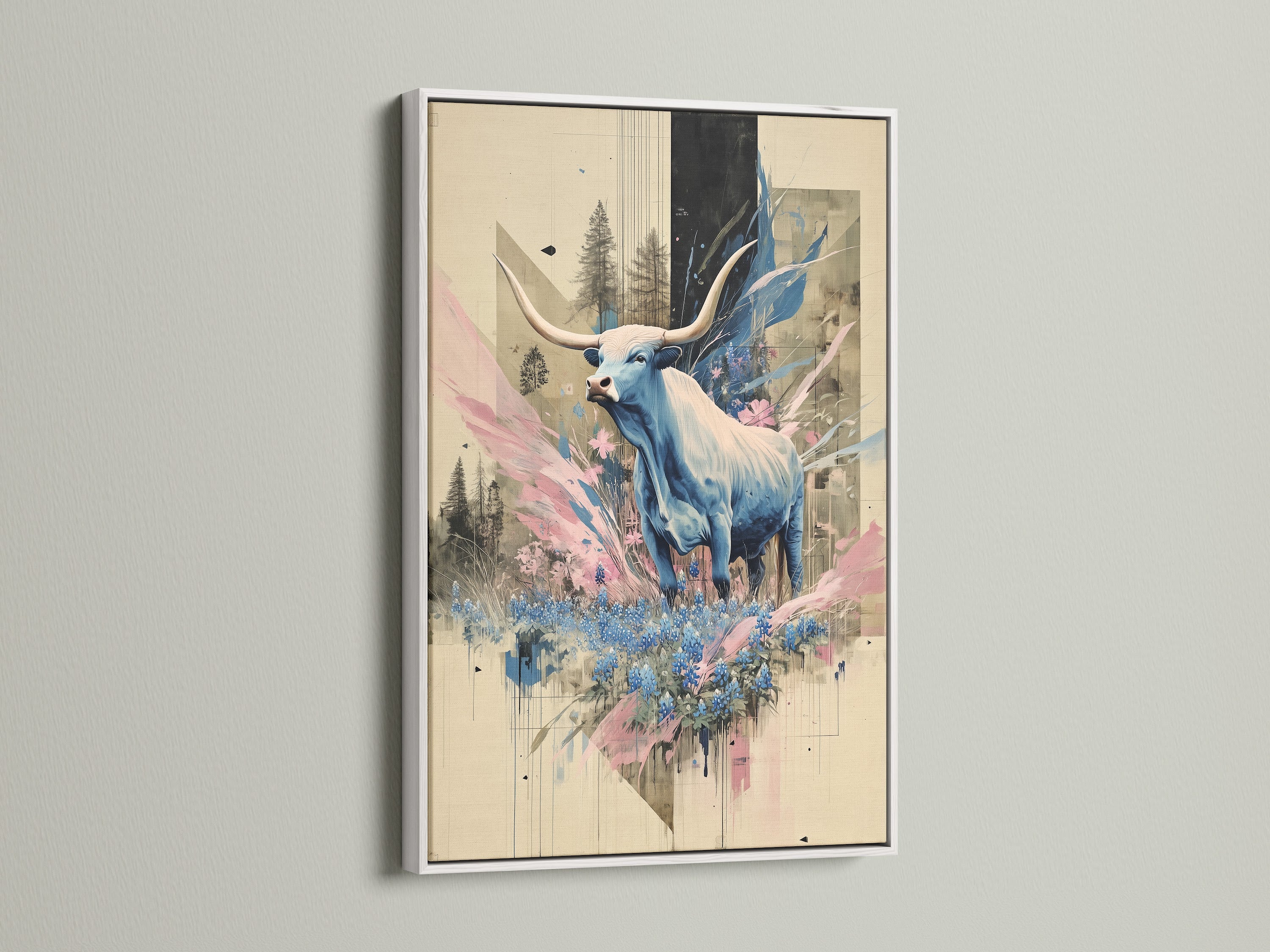 A bull art print with a white frame. The artwork features a blue abstract wildlife scene on canvas. The contemporary piece is perfect for modern wall decor. It adds a touch of country and farmhouse style to any room. This animal print brings a serene yet stylish ambiance.