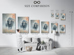 Size comparison chart displayed in an interior setting. It showcases yak artwork. This helps visualize the scale of the highland cattle canvas. Perfect for planning your rustic farmhouse decor.