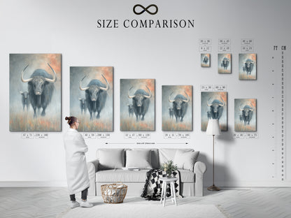 Size comparison chart displayed in an interior setting. It showcases yak artwork. This helps visualize the scale of the highland cattle canvas. Perfect for planning your rustic farmhouse decor.