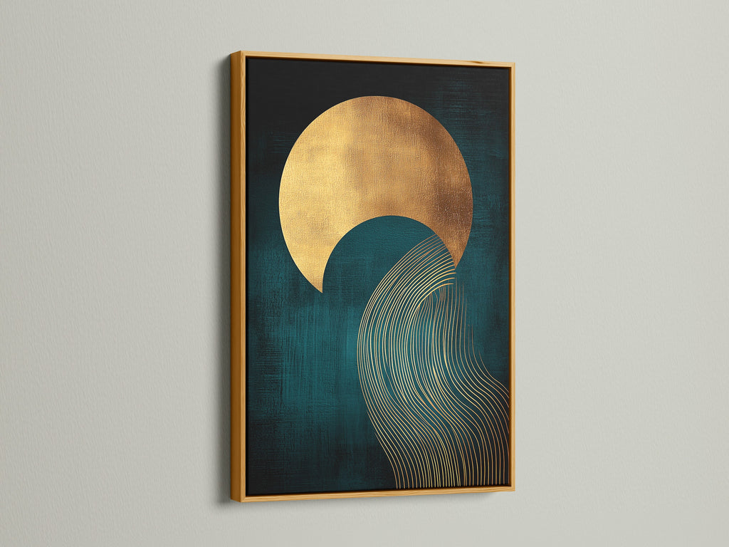A teal and gold abstract sun wave artwork is presented in a gold frame. The metallic frame complements the art's gold accents. This modern geometric art is perfect for bedroom wall decor. It's great for minimalist modern or eclectic spaces. A sophisticated choice for living rooms bedrooms and home offices.