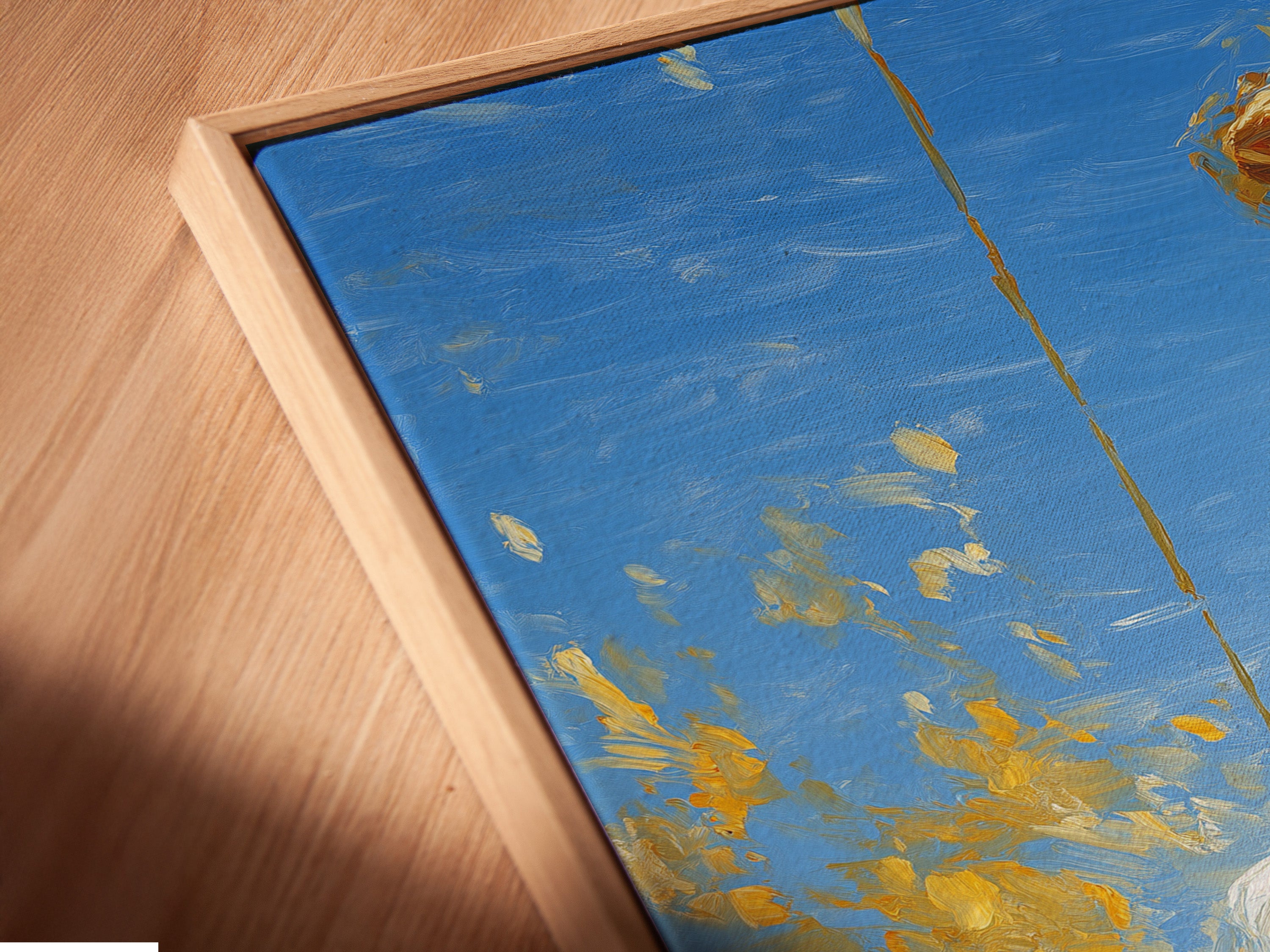 A close-up angled view of a canvas print in a floating frame is displayed. The floating frame gives the artwork a modern and sophisticated look. The art appears to float within the frame. This frame enhances the art's visual appeal.