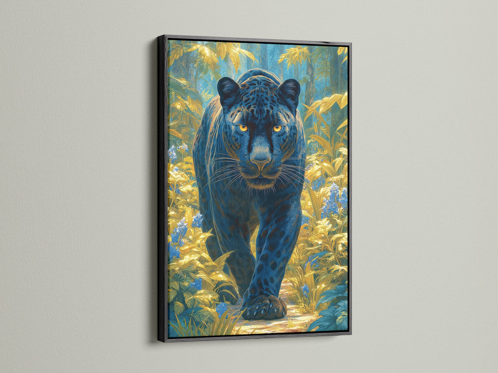 View the Black Panther art in a black frame. This sleek frame adds a touch of elegance. It highlights the jungle cat print's bold details. The black frame enhances the teal and gold animal wall art. Ideal for a man cave or studio. This feline artwork makes a statement.