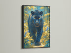 View the Black Panther art in a black frame. This sleek frame adds a touch of elegance. It highlights the jungle cat print's bold details. The black frame enhances the teal and gold animal wall art. Ideal for a man cave or studio. This feline artwork makes a statement.