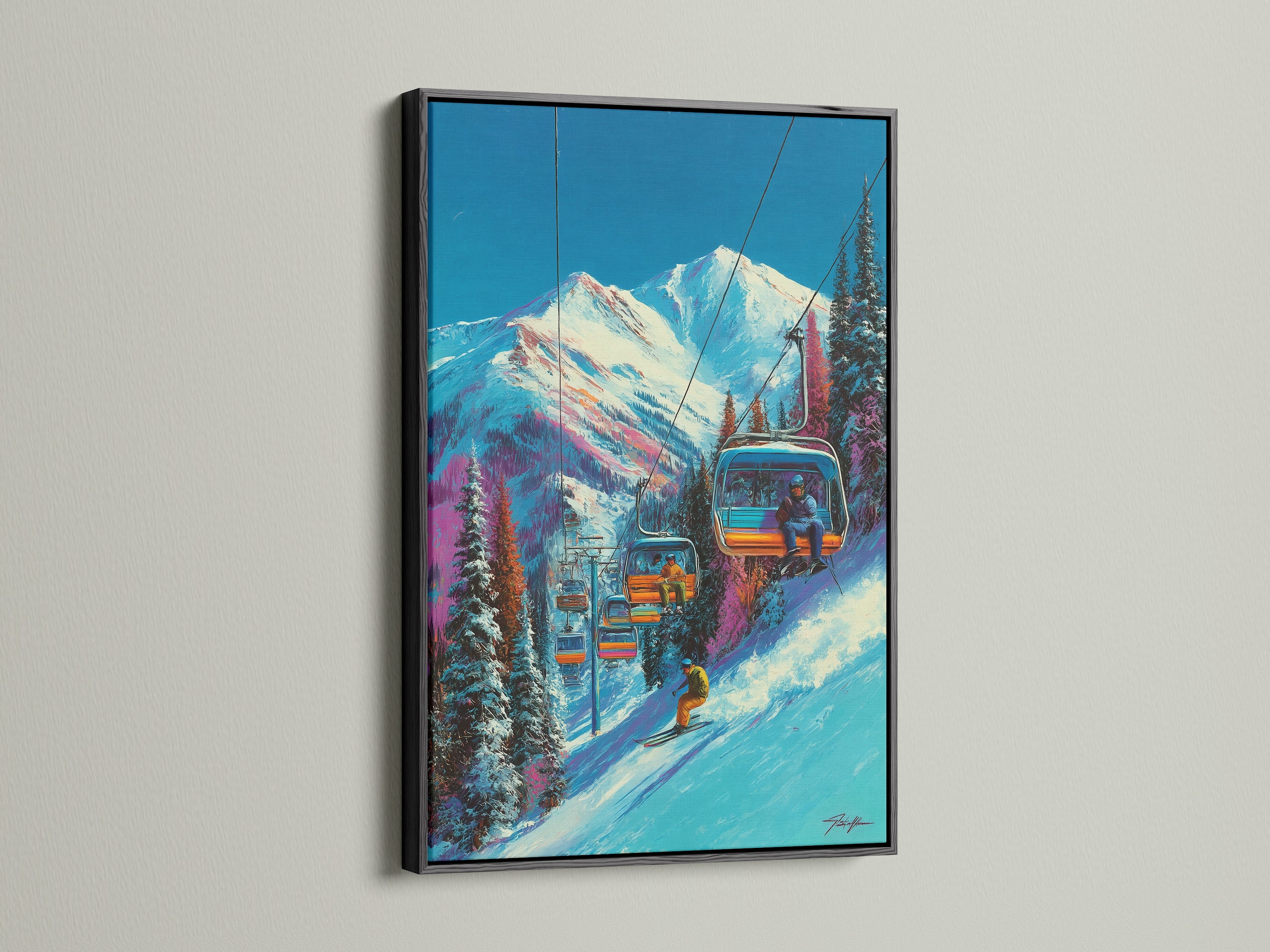 Here is the Ski Lift artwork. It features a black frame. This vintage ski print is a great addition to any wall. It adds retro sports decor to your space. Ideal for homeowners and ski condo owners.