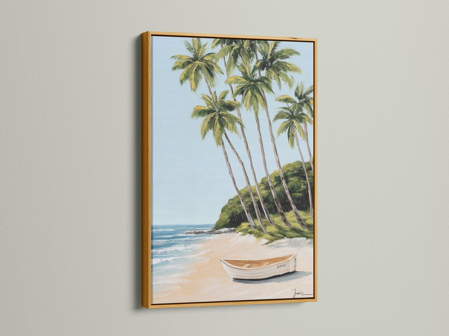 Tropical beach artwork presented in a gold frame. The artwork displays palm trees and a white boat. The gold frame adds elegance to this coastal artwork. This print is perfect for enhancing your home decor.