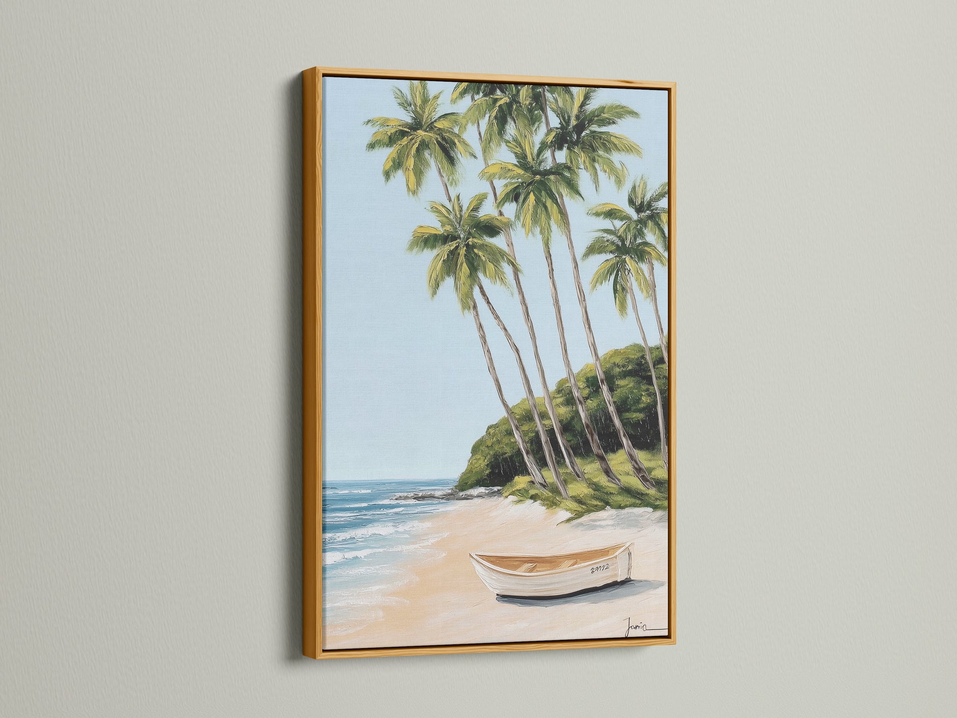 Tropical beach artwork presented in a gold frame. The artwork displays palm trees and a white boat. The gold frame adds elegance to this coastal artwork. This print is perfect for enhancing your home decor.