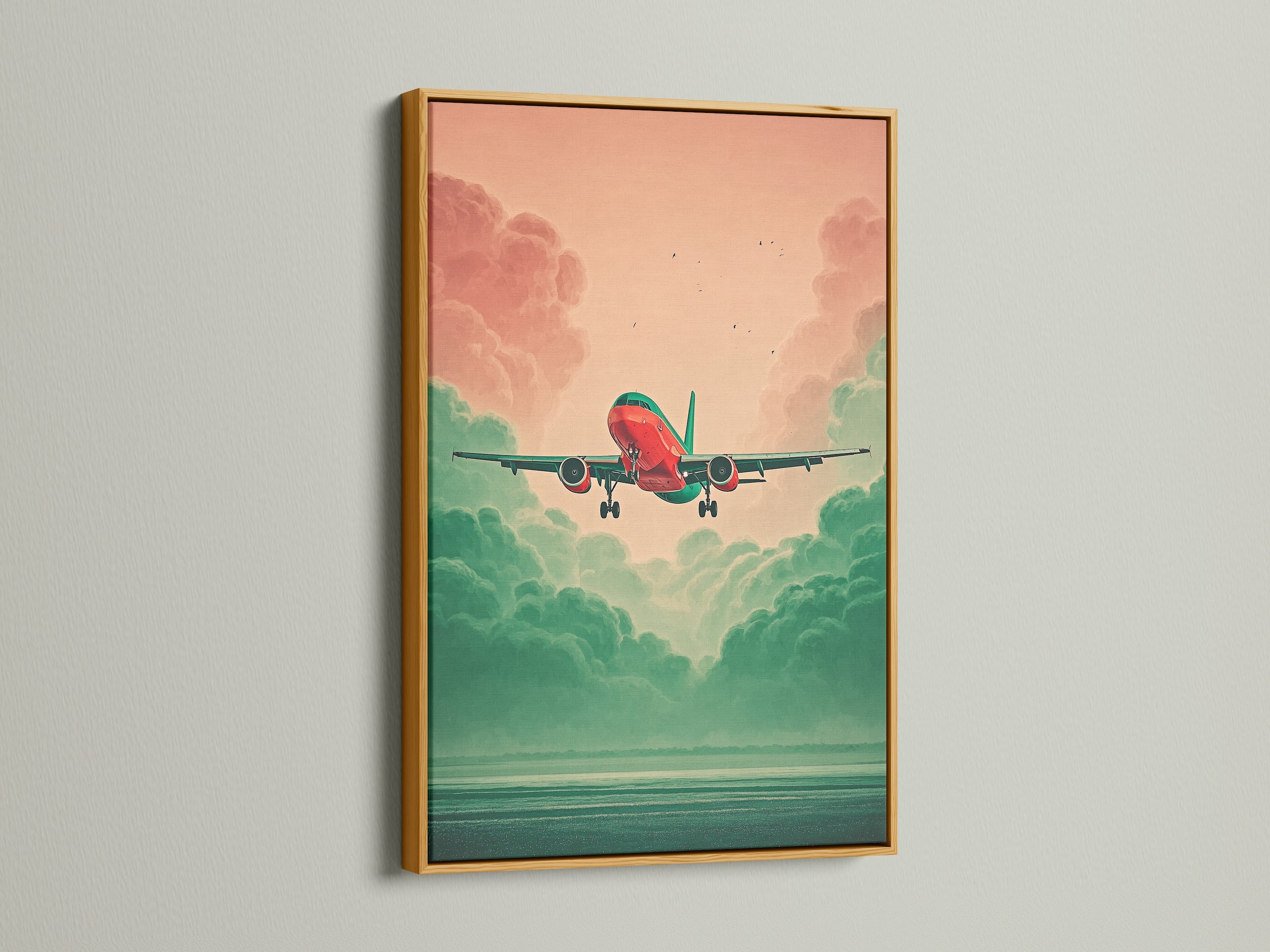 Aviation Wall Art with a gold frame. The artwork captures an airplane in a teal and coral sky. This aviation print is a luxurious addition to any space. This modern wall art is perfect for business owners. It complements minimalist or aviation-themed spaces. A perfect travel gift for loved ones