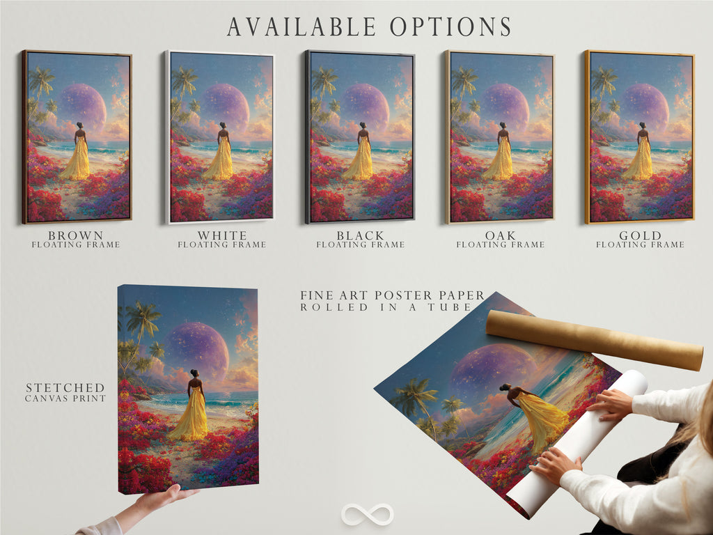 Available options are displayed: a stretched canvas print fine art poster paper and floating frame. The artwork is of a woman in a yellow dress on a beach with a planet in the sky. Explore all options and customize your artwork.
