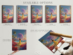 Available options are displayed: a stretched canvas print fine art poster paper and floating frame. The artwork is of a woman in a yellow dress on a beach with a planet in the sky. Explore all options and customize your artwork.