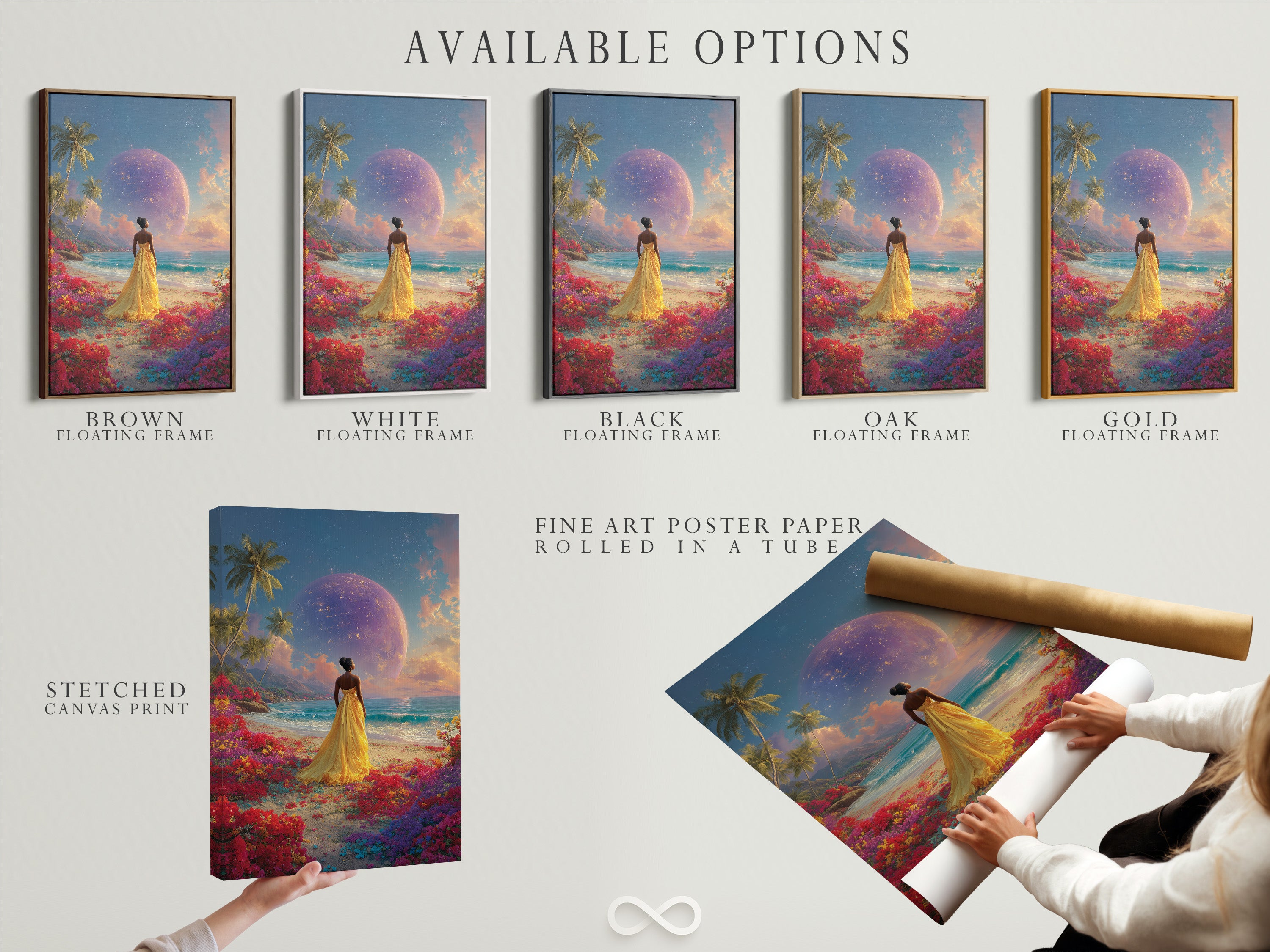 Available options are displayed: a stretched canvas print fine art poster paper and floating frame. The artwork is of a woman in a yellow dress on a beach with a planet in the sky. Explore all options and customize your artwork.