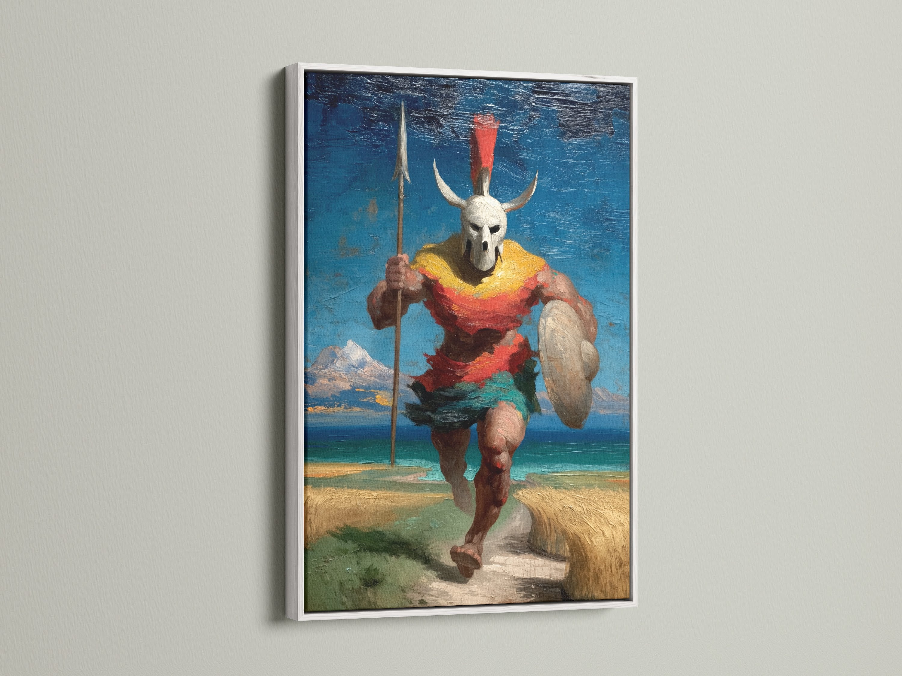 This tribal warrior canvas art is in a white frame. The figure painting features an ancient soldier. The vintage art print would look great in a living room or game room.