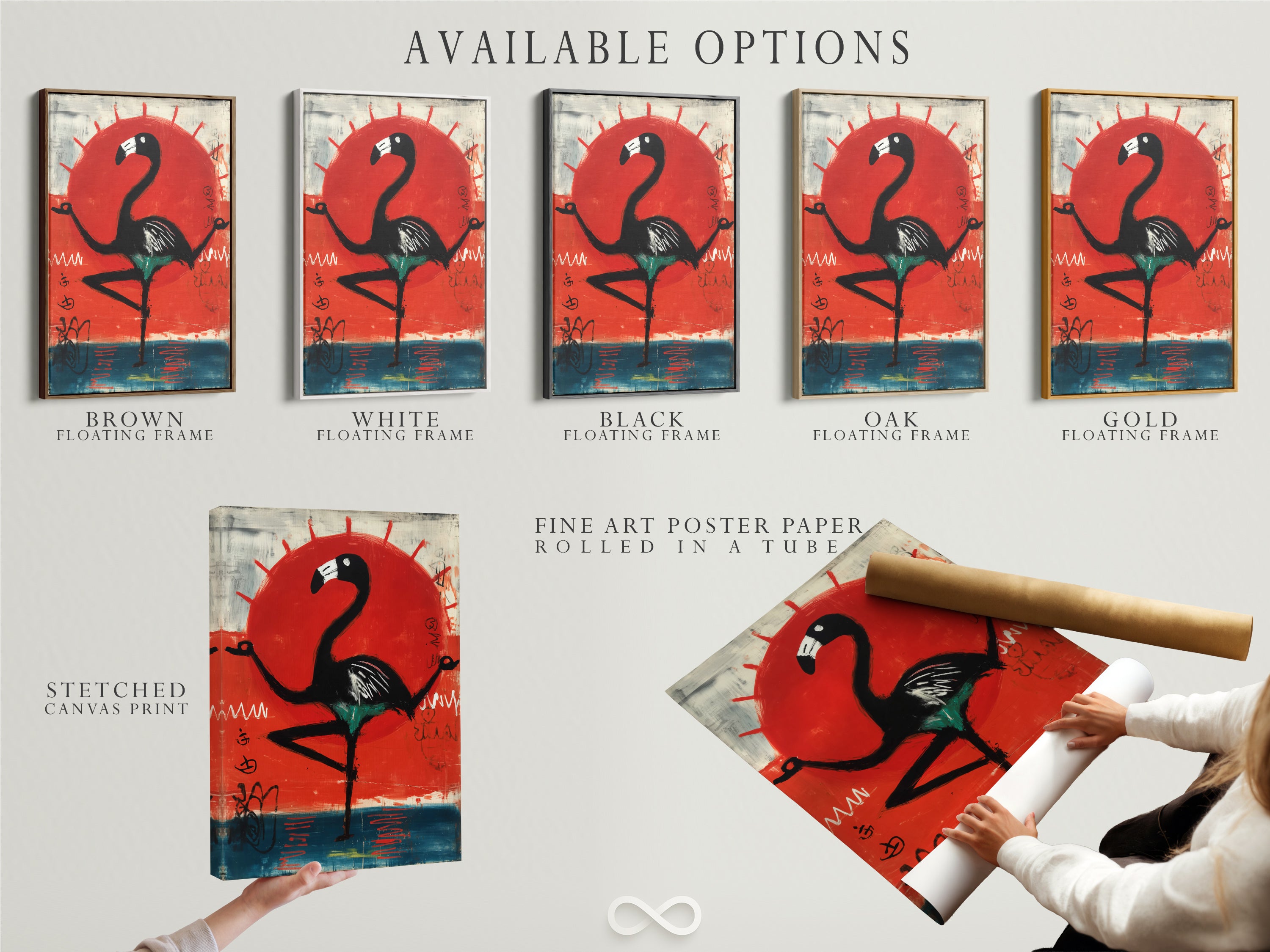 Explore available options for modern flamingo artwork. Choose from stretched canvas prints fine art poster paper or floating frames. The red sun art suits any style. Find the perfect bird art for your bedroom decor. Customize your tropical wall art today.