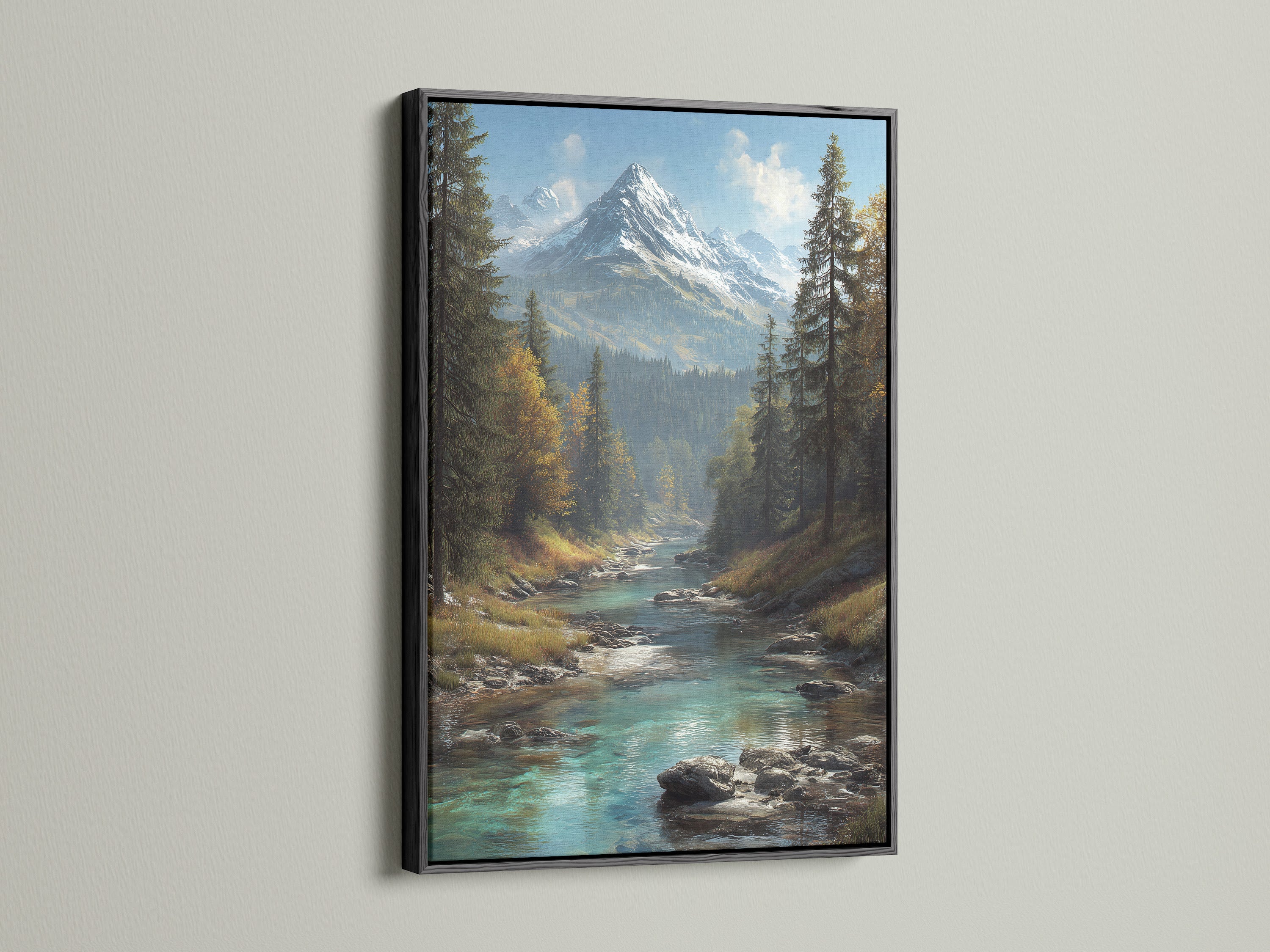Mountain river art set in a black frame. The black frame makes the colors pop. See the alpine landscape in stunning detail. The turquoise stream is a focal point. Nature photography elevates your living room wall art.